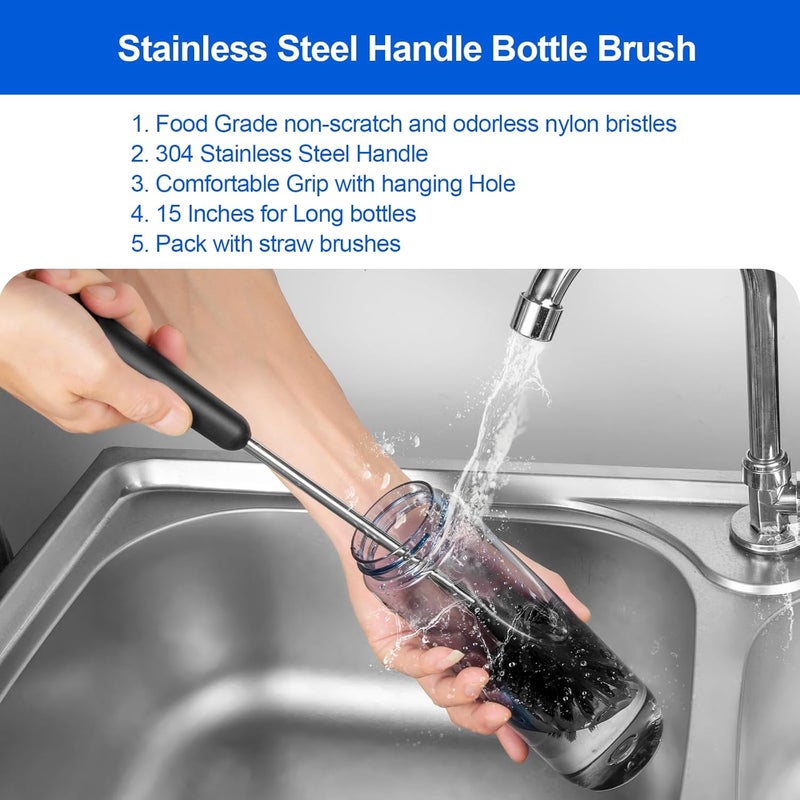 SweeBe Bottle Brush, Long Stainless Steel Handle Water Bottle Brush Cleaner, Sports Bottle Scrubber, Kitchen Scrub Cleaning Brushes for Beer Bottles, Cups, Wine Glasses, Coffee Mugs, Tumblers, Thermos - Image 1
